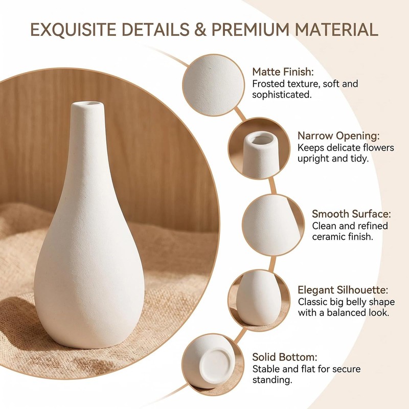 6.5 Inch White Ceramic Bud Vase Narrow Neck Small Flower