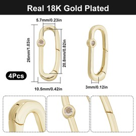 SUNNYCLUE 1 Box 4Pcs Real 18K Gold Plated Oval Spring Clip Spring Keychain Ring Brass with Cubic Zirconia Trigger Gate Snap Hook Carabiner Clasp Buckle for Purse Jewellery Bag Lanyard Keychain DIY