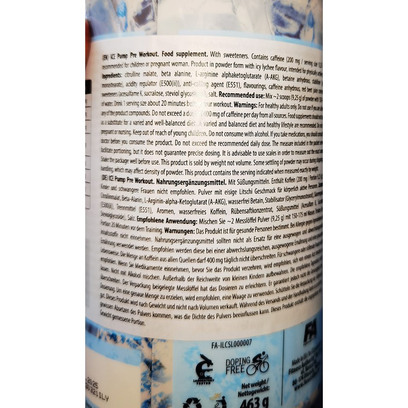 FA Nutrition Ice Pump Booster, 463 g per container, Pre-Workout