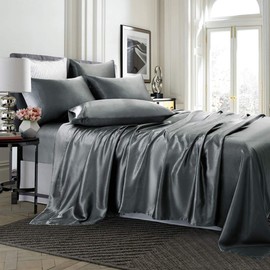 TREELY 6 Piece Satin Sheets Queen Size Silky Smooth Grey Satin Sheet Set with Deep Pocket, Satin Fitted Sheet, Flat Sheet, 4 Satin Pillowcase