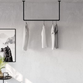 pamo clothes rail industrial loft design - HANG LOW - clothing rack for walk-in wardrobe I bedroom or bath - clothes rack made of black sturdy water pipes/ tubes with wall mounting