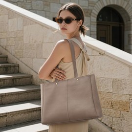 Kattee Women’s Soft Leather Work Tote Shoulder Bag,Large Capacity Designer Satchel Handbags with Luggage Sleeve, Khaki