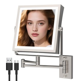 Wall Mounted Makeup Mirror with Lights 4000mAh Rechargeable Double Sided 1X/10X Magnifying Lighted Vanity Mirror with 3 Color Lights & Touch Dimmable 360° Rotation Extension Swing Arm for Bathroom
