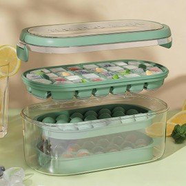 Molde de Cubitos de Hielo con Tapa, 26 Redondos + 28 Cuadrados, 54 Cubitos, Libre de BPA, Apilable, Disponible en Amarillo y Verde para Bebidas y Cócteles (Verde)