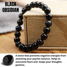 Crystal Vibe Crystal Vibe Black Obsidian Bracelet - Healing Crystal Bracelet for Spiritual Healing Positive Energy Stress ReliefC 8mm Round Black Beaded Bracelets for Women Men - Elastic Adjustable Size