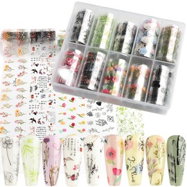JERCLITY 10 Rolls Flower Nail Foil Transfer Sticker Kit Bamboo Ink Painting Pattern Nail Foil Sheets Foil Nail Art Decals Spring Nail Foil Transfer Stickers Foil Nail Wraps for Foil Nail Art