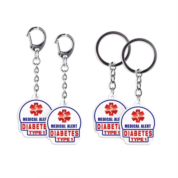 4 Pack Type1 Diabetes Keychain - Allergy Medical Alert Symbol Bag Tags Set, Double Side Key Tag for Zipper Pull Charm 1.4” for Adult and Child