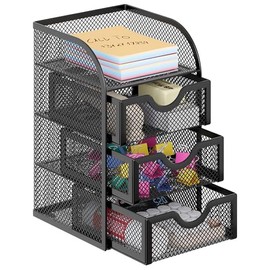 Organizador de escritorio de tela metálica EasyPAG con 3 cajones Mini repisa para suministros de oficina., Negro