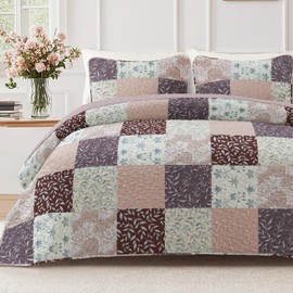 Exclusivo Mezcla Reversible Boho Quilt Set Queen Size, 3 Pieces Patchwork Brown All Season Bedspreads, Ultra Soft Floral Coverlet Bedding Set with Printed Pattern (1 Quilt, 2 Pillow Shams)
