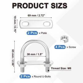 PATIKIL Round U-bolt, 2 pieces 1.5 inches (38 mm) inner width 65 mm length M8 with nut plate washer 304 stainless steel round bend U-bracket for boat trailer sailing boat