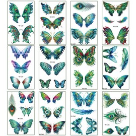 12 Peacock Element Tattoo Stickers, Creative Tattoo Stickers, Temporary Tattoos, Make Up Decoration Accessories, Party Supplies
