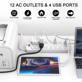 Power Strip, ALESTOR Surge Protector with 12 Outlets and 4 USB Ports, 10 Feet Extension Cord (1875W/15A), 2700 Joules, ETL Listed, White