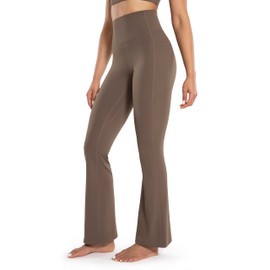 ENERBLOOM Women's Workout Flare Yoga Pants with Pockets High Waisted Bootcut Leggings Tummy Control 30'' Coffee Large