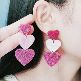 Pink Heart Earrings for Women Hot Pink Heart Dangle Earrings Cute Acrylic Love Dangling Heart Earrings Double Heart Statement Earrings Jewelry for Women (B)