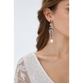 BABEYOND 1920s Flapper Art Deco Gatsby Earrings 20s Flapper Gatsby Accessories Vintage Wedding Dangle Pearl Earrings (Black)