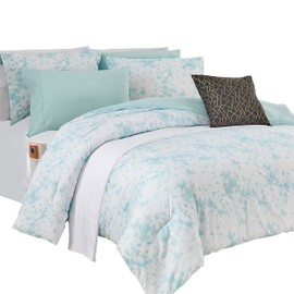 Elegant Comfort Reversible 10-Piece Comforter Set, Tie-Dye Print, Decorative Pillow and Fitted Sheet with Smart Pockets, Soft, Plush, Lightweight Material, 10pc Tie-Dye Set, King, Aqua Mint