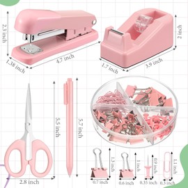 Breling 6 Set Desk Accessory Office Supplies Kit Include Cute Stapler Tape Dispenser Ballpoint Pen Binder Clips Paper Clips Long Tail Calculator and Scissor for Office(Pink)