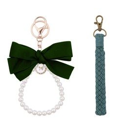 Macrame Wristlet Keychain for Women Pearl Chain Bow Keychain for Handbags Backpack Purse Pendant Keychains for Women Girls Girlfriend 2pcs Handmade Keychain Bracelet Wristlet for Women Girls Bestie