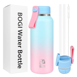 BOGI 350ml Small Metal Water Bottle with Straw, 2 Lids（Loop&Straw） Kids Stainless Steel Water Bottle for School LeakProof Double Wall Vacuum Drinks Bottle Keep 12h Hot & 24h Cold | Sky Blue Pink
