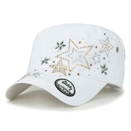 ililily Crystal Gemstone Stud Flower Vintage Cotton Military Army Hat Short Brimmed Cadet Cap, White Star