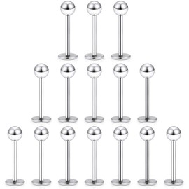 Dyknasz 15PCS 20G Stainless Steel Lip Rings Labret Studs Piercing Monroe Studs Ear Tragus Helix Cartilage Earring Jewelry 8mm Bar Length Silvertone for Women Men