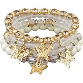 Azusa Sun 4 Pcs Cute Butterfly Charm Beige Bracelets Set Gold Plated Beaded Stackable Stretch Bracelets Bohemian Summer Jewelry for Women