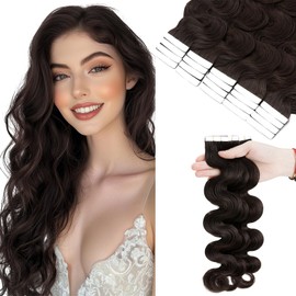 SEGOHAIR Wavy Tape In Hair Extensions Real Human Hair with Double-Sided Adhesive Professional Hair Extensions for Women 40pcs Body Wave 22 Inches Dark Brown