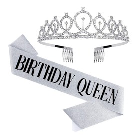 Yamibobo Birthday Queen Sash & Rhinestone Tiara - Silver Birthday Gifts Glitter Birthday Sash Birthday Party Favors