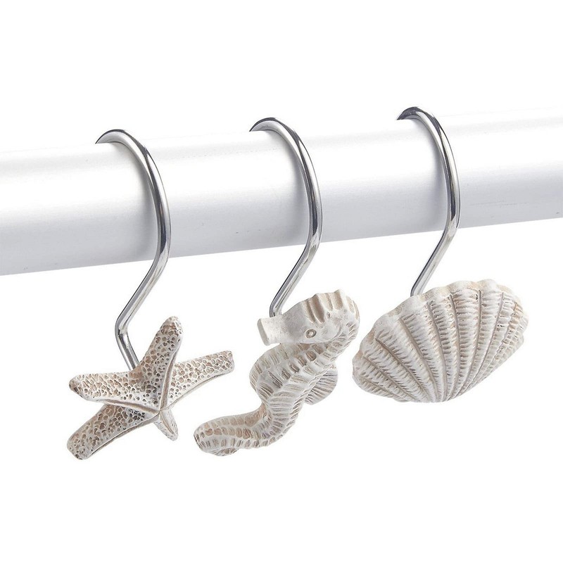12-Pack of Beach-Themed Shower Curtain Stainless Steel Hooks, Decorative Seashell