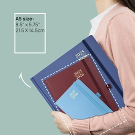 POPRUN 2025-2026 Daily Planner One Page Per Day (A5 5.5" x 8.5") - Academic Year Diary (July 2025 - June 2026) Hourly Appointment Book with Pocket, Note & Contact Pages, Hardcover, Light Pink