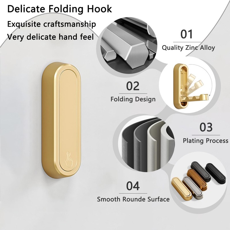 miyonsin Gold Foldable Wall Hooks, Metal Foldable Hooks Wall Wount
