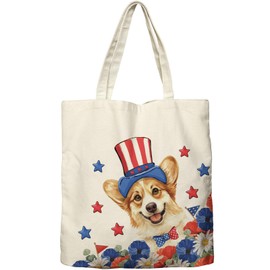 Dlzdn 4th of July Patriotic Corgi Dog Canvas Tote Bag Aesthetic Independence Day Memorial Day Reusable Shopping Grocery Bag Beach Bag Birthday Gifts for Women