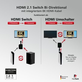 FeinTech SW211 HDMI 2.1 Switch 4K 120Hz 2 in 1 Out or 1 in 2 Out Bi-Directional with Integrated HDMI Cable, 8K, 48 Gbps, HDMI Splitter, Supports HDR, VRR, ALLM and Dolby Vision