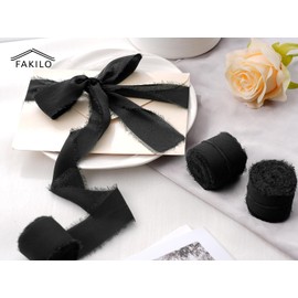 Black Ribbon Chiffon Ribbon for Gift Wrapping, FAKILO Fringe Ribbon 3 Rolls 1.5'' x 10Yd Vintage Ribbon Set for Wedding Invitations, Birthday/Holiday Party Decorations, Bridal Bouquets