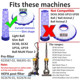Kodahome Filter Replacement Parts for DC40 Light/Slim Ball Animal Multi Floor 2 UP16 UP19 Dyson Upright Vacuums, Pre-filter 923587-02, HEPA Post Filter 922676-01 (DC40 Filter)