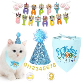 Cat Boy Blue Birthday Party Supplies, Pet Birthday Hat with Numbers, Pet Cat Birthday Bandana, Cats Banner Birthday Decorations for Cats Birthday Outfits (4PCS Pink)