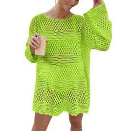 Prinbara Crochet Cover Up for Women Swimsuit Summer Bathing Suit 2025 Swim Hollow Out Bikini Swimwear Mesh Knit Beach Dress Fluo Green X-Large