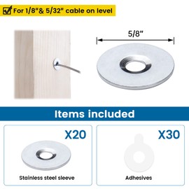 Muzata 20Pack Cable Railing Kit Protector Sleeve Adhesive Grommet Protective for 1/8" 5/32" Wire Rope Wood Metal Posts T316 Stainless Steel Cable Deck Stair Railing CR66,CP2