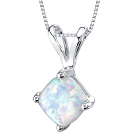PEORA 14K White Gold Created White Opal Pendant for Women, Classic Solitaire, Cushion Cut, 6mm, October Birthstone Necklace, w/Jewelry Box, For Gifts & Everyday Wear, Jewelry Gift