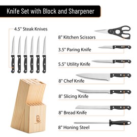 BAMBOO LAND- Kitchen Knife Set, 14 pcs, Stainless Steel Knife Set with Block and Sharpener