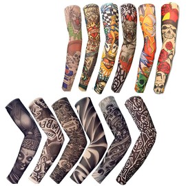 12 fundas de tatuaje temporales para hombres y mujeres, sin costuras, protección solar para brazos, piercings falsos, tatuajes para cubrir mangas, diseños de tigre, corazón de corona, calavera, tribal, etc. Accesorios unisex elásticos para cosplay, Multi