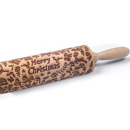 OLETNY Embossed Rolling Pins, 3D Rolling Pin Pattern with Design Homemade, Suitable for Cookies, Baking, Holiday, Festival, Family, Mother, Friends (Merry Christmas)