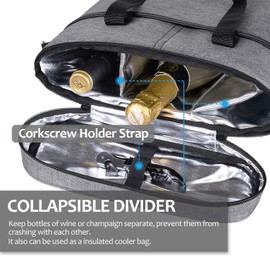Tirrinia Insulated Wine Gift carrier - 3 Bottle Travel Wine Carry Cooler Tote Bag with Handle and Adjustable Shoulder Strap, Grey