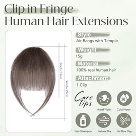 Clip in Fringe Human Hair Dark Brown Bangs Fringe Clip in Hair Extensions Clip on Air Bangs Remy Human Hair Extensions Short Hairpieces for Women Clip in Bangs Fringe