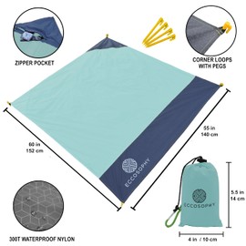 ECCOSOPHY Sand Proof Beach Blanket - Waterproof Picnic Blanket 60x55 Outdoor Compact Pocket Blanket Lightweight Ground Cover for Hiking Camping Festivals Sports Travel with Bag & Stakes (Pistachio)