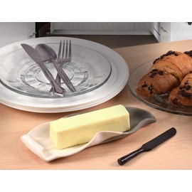 Contemporary Twist Butter Serving Dish in Grey/White with Wooden Butter Knife, Handmade Pottery, 8.25-Inch