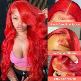 Red 13X6 Lace Front Wigs Human Hair 200 Density HD Transparent Body Wave Lace Front Wigs Human Hair Body Wave Wig Red HD Lace Frontal Colored Wig 13x6 for Black Women 26 Inch