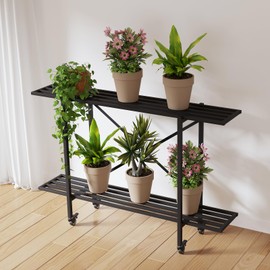 Zhongma 2 Tier Metal Sturdy Narrow Plant Stand with Wheels, Plant Stand Indoor and Outdoor, L45.67 x W10.3 x H29.9 inch, 440 LBS Capacity & Heavy Duty Construction.