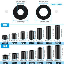Round spacers, 320 pieces ABS spacer sleeves washers, nylon washers, spacer sleeves, insulation washers without thread, column set, nylon plastic spacer sleeves, black, M3, M4