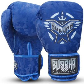 BUDDHA FIGHT WEAR - Thailand Boxing Gloves - Muay Thai - Kick Boxing - Synthetic Leather Inner Woven Odour Resistant - Various Designs (Army Blue 10 Oz)